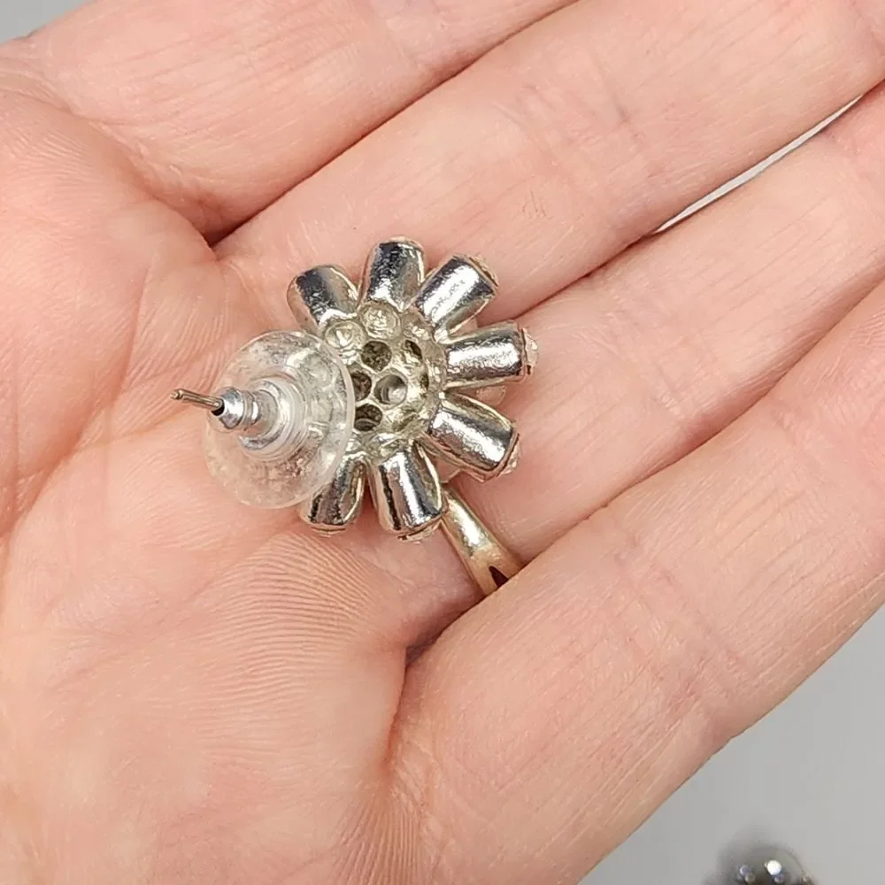 Vintage J. Crew Round White/Clear Crystal Flower Earrings